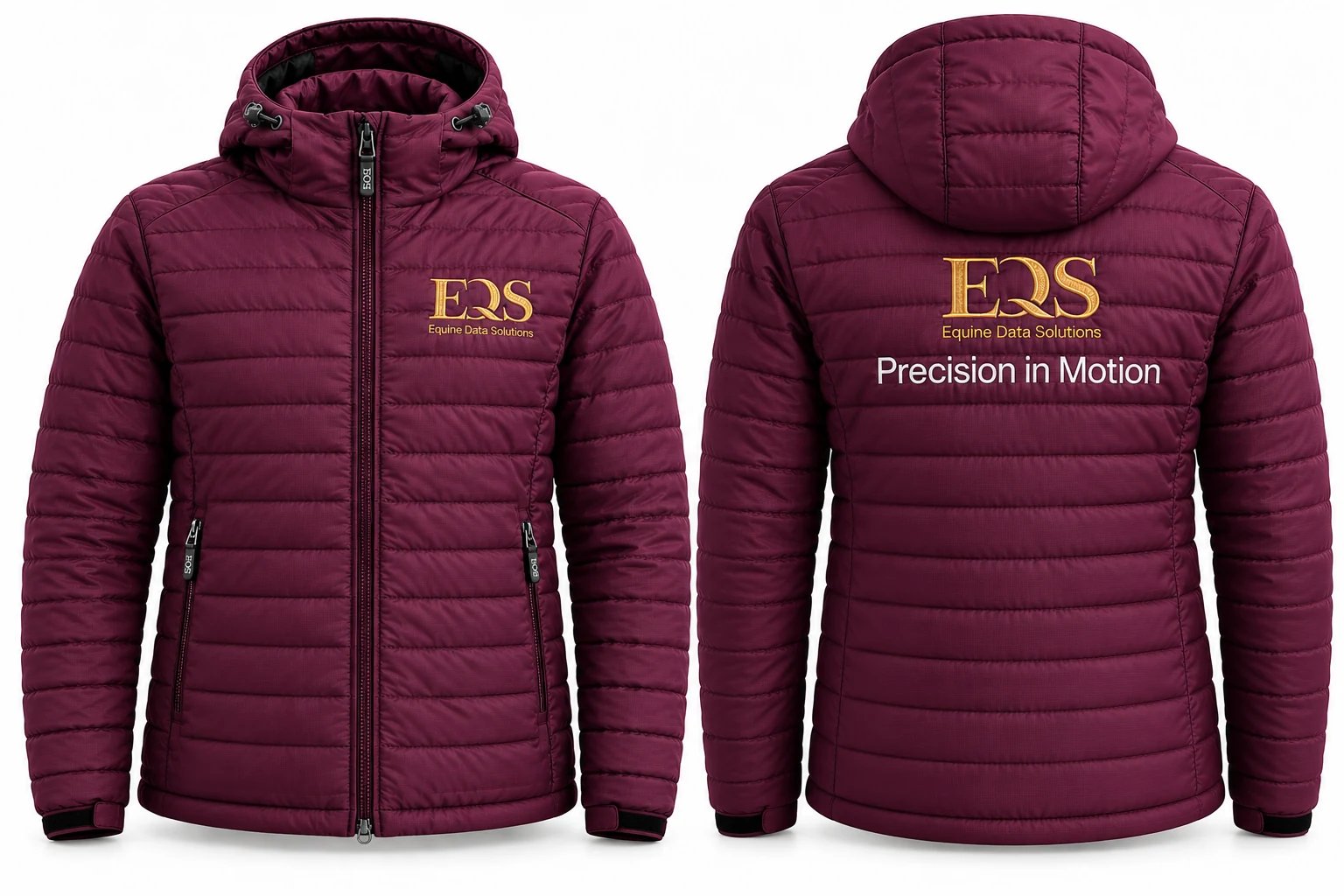 Purple box-quilted hooded coat with the gold EQS mark and slogan down the front