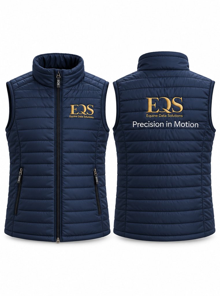 Navy quilted gilet with the gold EQS mark embroidered on the chest